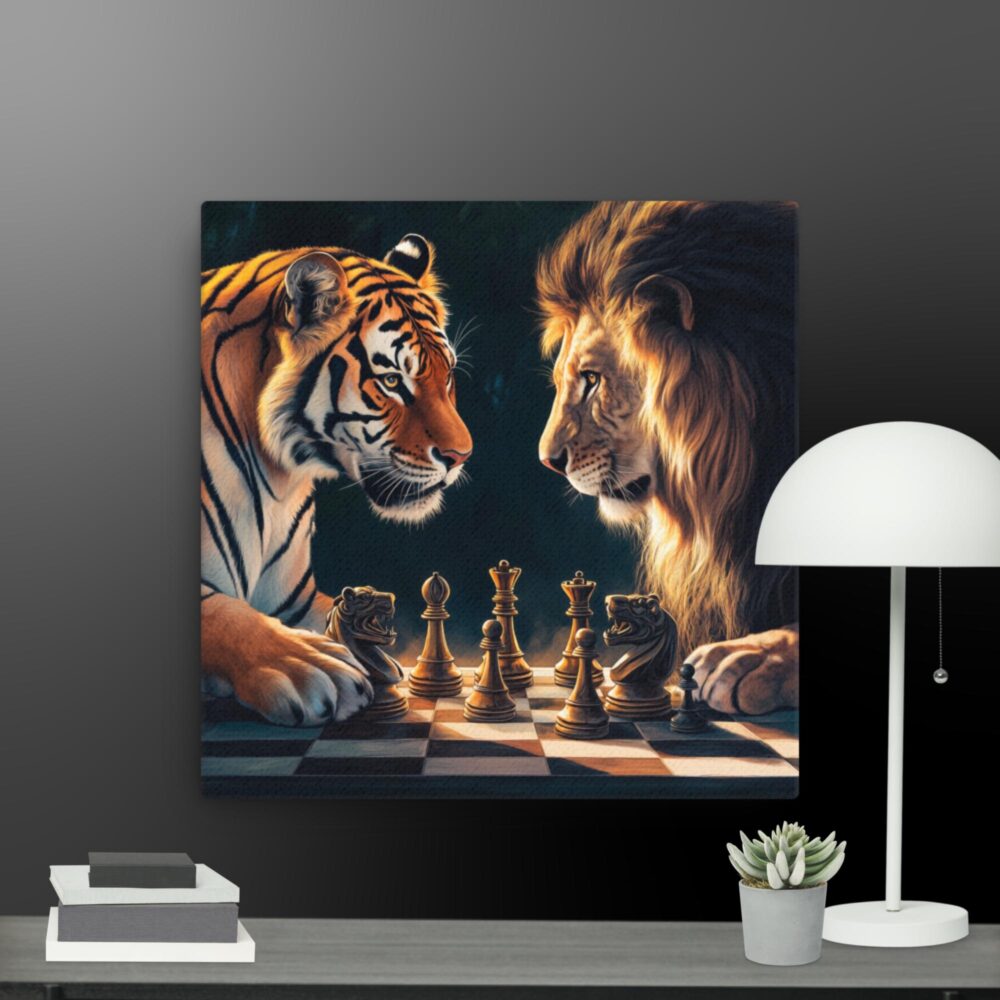 Lion and tiger playing chess canvas