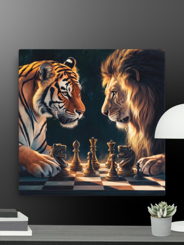 Lion and tiger playing chess canvas - 12×12
