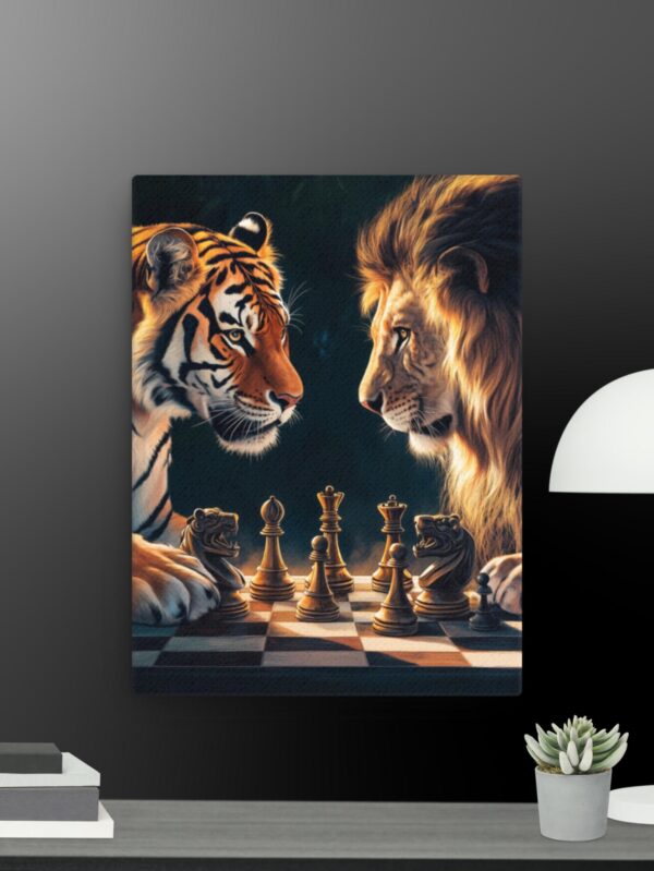 Lion and tiger playing chess canvas - 12×16