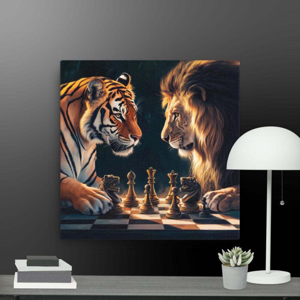 Lion and tiger playing chess canvas - Image 3
