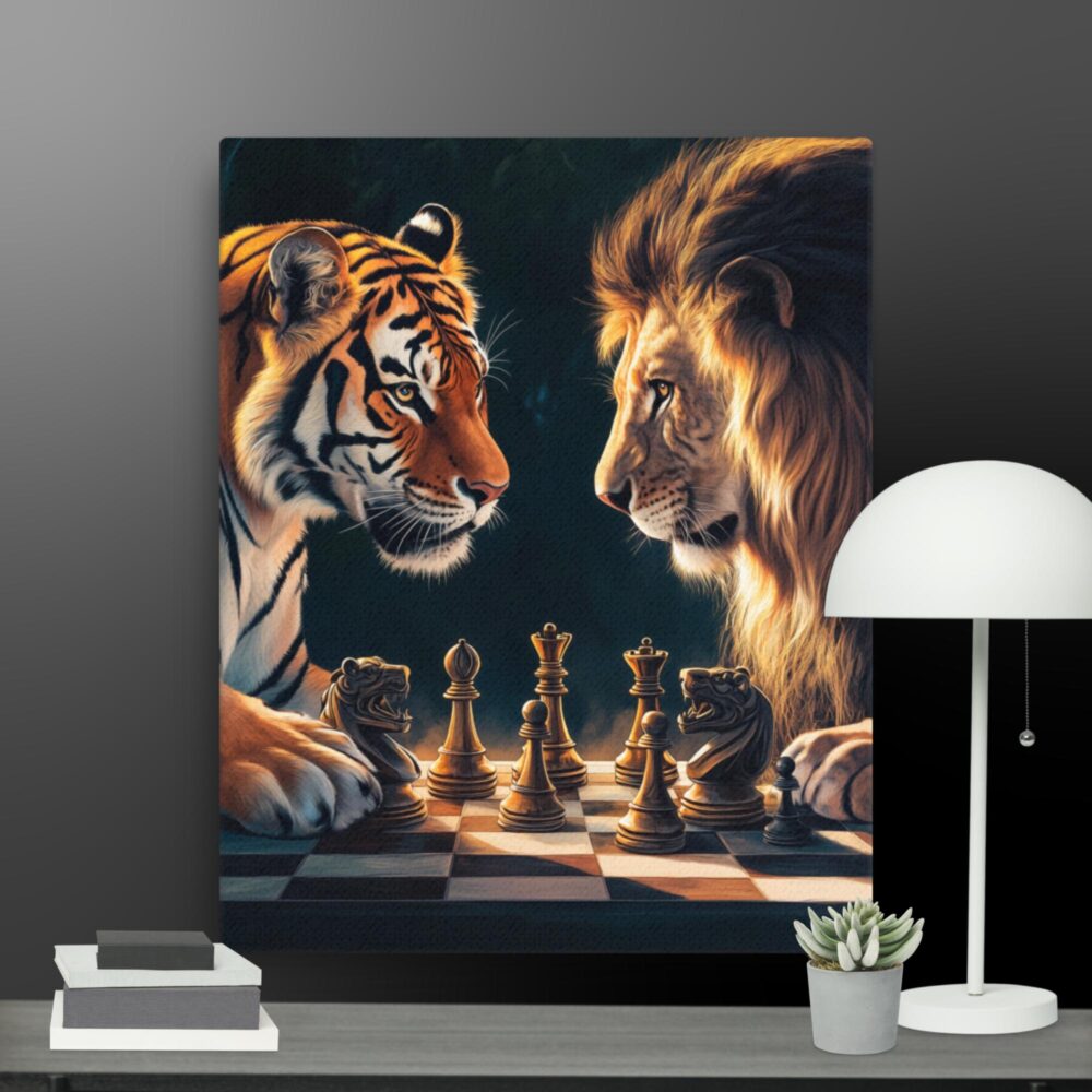 Lion and tiger playing chess canvas - Image 4