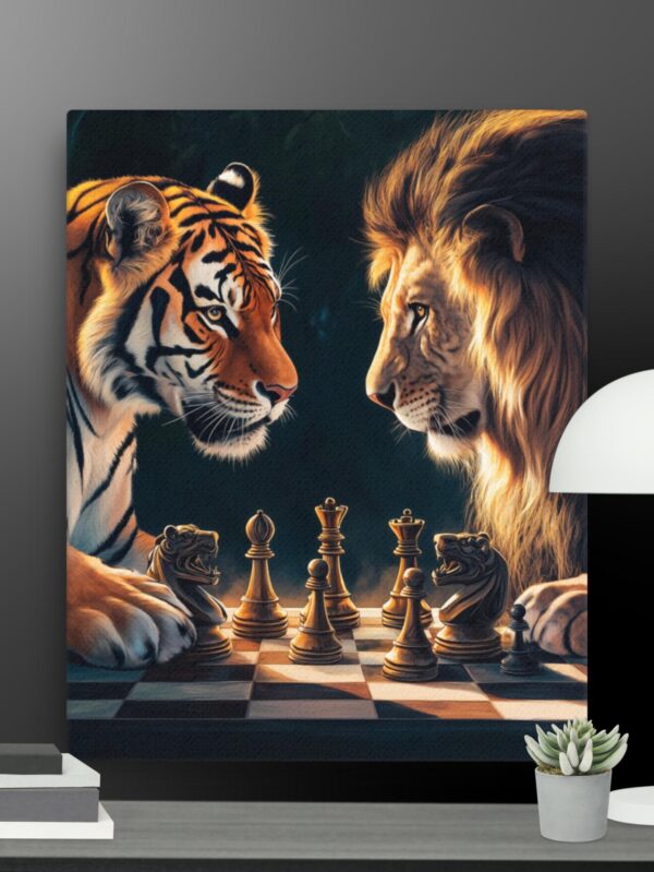 Lion and tiger playing chess canvas - 16×20
