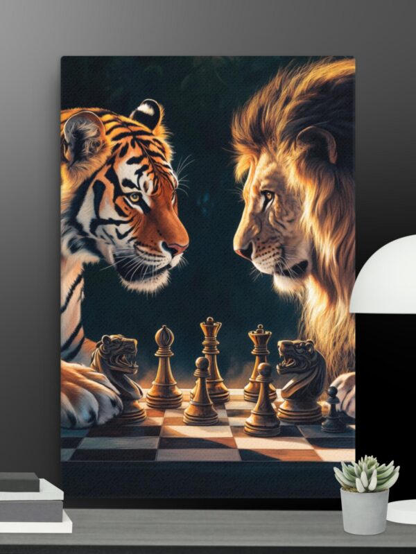 Lion and tiger playing chess canvas - 24×36